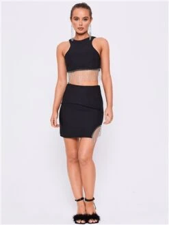 Saint Genies Black Beatrix Diamante Fringe Asymmetric Mini Skirt -Closet Muse Store 28872 2