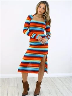 Saint Genies Blue / Red / Yellow Stripe Midi Knit Dress -Closet Muse Store 28883 2