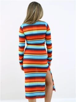 Saint Genies Blue / Red / Yellow Stripe Midi Knit Dress -Closet Muse Store 28883 3