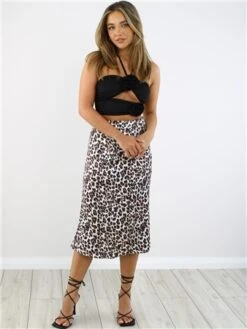 Saint Genies Leopard Print Pattern Satin Midi Skirt -Closet Muse Store 28884 2