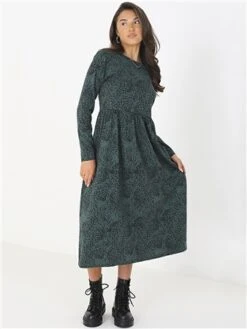 Brave Soul Black / Green Animal Print Long Sleeve Midi Smock Dress -Closet Muse Store 28905 2