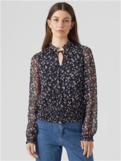 Veromoda Black / Black Milla Regular Fit V-Neck Frilled Cuffs Top