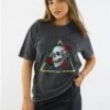 Missi London Acid Wash Charcoal Skull Rose Print T-Shirt -Closet Muse Store 29059