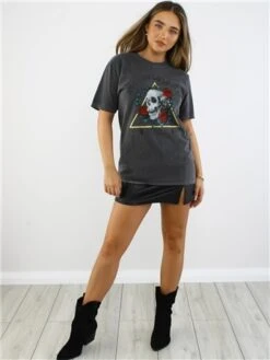 Missi London Acid Wash Charcoal Skull Rose Print T-Shirt -Closet Muse Store 29059 2