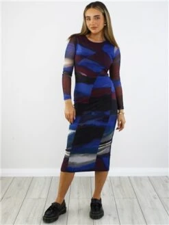 Brave Soul Blue Printed Mesh Long Sleeve Midi Dress -Closet Muse Store 29062 2