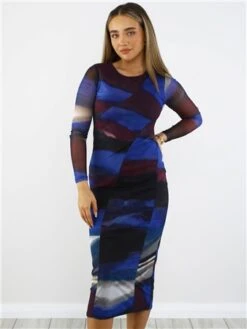 Brave Soul Blue Printed Mesh Long Sleeve Midi Dress