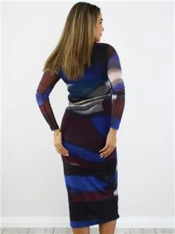 Brave Soul Blue Printed Mesh Long Sleeve Midi Dress -Closet Muse Store 29062 3