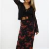 Brave Soul Black / Red Rose Print Midi Skirt