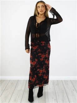 Brave Soul Black / Red Rose Print Midi Skirt -Closet Muse Store 29063 2