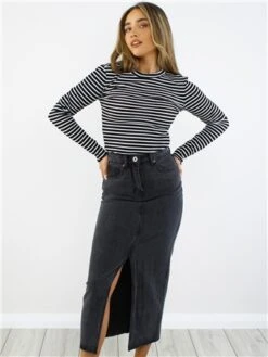 Brave Soul Black Wash Midi Denim Skirt