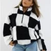 Daisy Street Black/White Teddy Checkered Half Zip -Closet Muse Store 29069