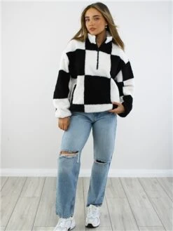 Daisy Street Black/White Teddy Checkered Half Zip -Closet Muse Store 29069 2