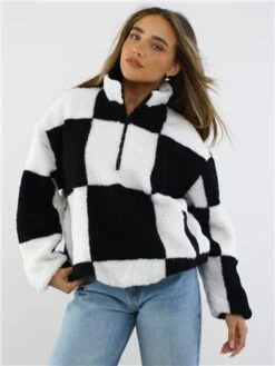 Daisy Street Black/White Teddy Checkered Half Zip