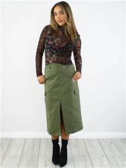 Saint Genies Khaki Midi Cargo Skirt -Closet Muse Store 29072 2