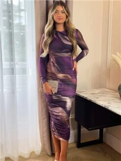 Ax Paris Plum Printed Long Sleeve Ruched Bodycon Midi Dress -Closet Muse Store 29177 2