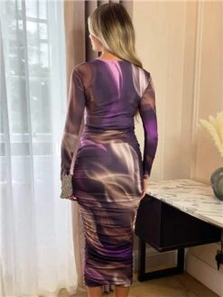 Ax Paris Plum Printed Long Sleeve Ruched Bodycon Midi Dress -Closet Muse Store 29177 3