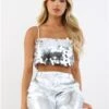 Glamorous Silver Large Sequin Strappy Crop Top -Closet Muse Store 29195