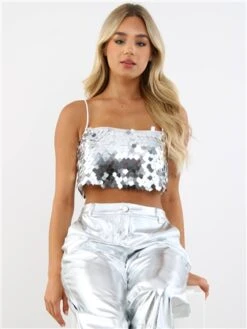 Glamorous Silver Large Sequin Strappy Crop Top