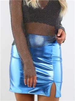 Saint Genies Electric Blue Faux Leather Metallic Mini Skirt -Closet Muse Store 29197 1