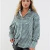 Saint Genies Green / Cream Geo Print Pattern Satin Shirt -Closet Muse Store 29208