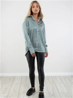 Saint Genies Green / Cream Geo Print Pattern Satin Shirt -Closet Muse Store 29208 2