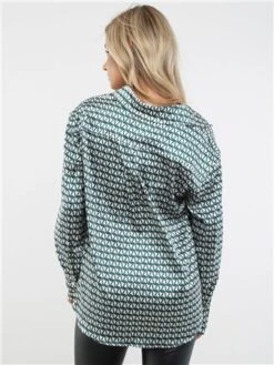 Saint Genies Green / Cream Geo Print Pattern Satin Shirt -Closet Muse Store 29208 3