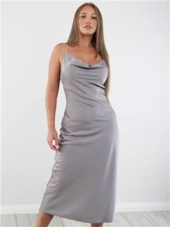 Saint Genies Grey Satin Long Diamante Strap Dress