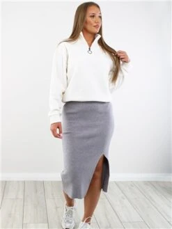 Saint Genies Grey Ribbed Split Midi Skirt -Closet Muse Store 29304 2