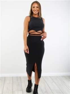 Saint Genies Black Ribbed Split Midi Skirt -Closet Muse Store 29315 2