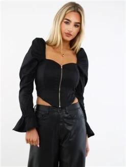 The Frolic Black Long Sleeve Corset Top