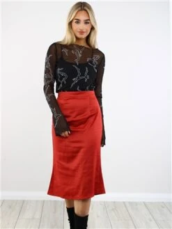 Saint Genies Burgundy Satin Midi Skirt -Closet Muse Store 29394 1