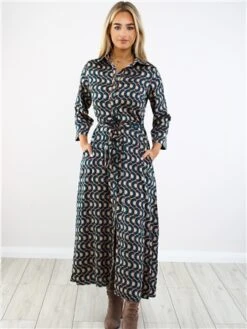 Ax Paris Green/Gold Pattern Midi Shirt Dress -Closet Muse Store 29404 2