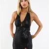 Saint Genies Black Sequin Halter Neck Mini Dress