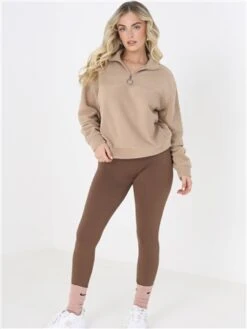 Brave Soul Tan Zip Detail Cropped Polar Fleece Sweatshirt -Closet Muse Store 29444 2