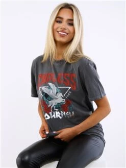 Missi London Acid Wash Charcoal Endless Journey Print T-Shirt