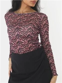 Brave Soul Pink / Navy Print Mesh Ruched Top -Closet Muse Store 29584 2