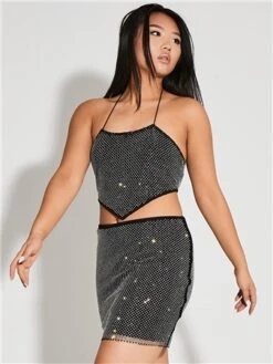 Saint Genies Black Strappy Diamante Detail Top