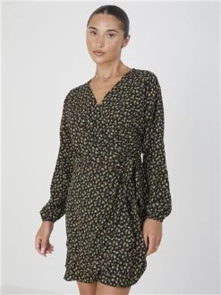 Brave Soul Black / Yellow Floral Long Sleeve Mini Wrap Dress
