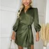 Ax Paris Olive Satin Wrap Long Sleeve Mini Dress -Closet Muse Store 29692