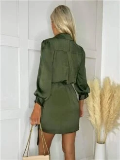 Ax Paris Olive Satin Wrap Long Sleeve Mini Dress -Closet Muse Store 29692 3