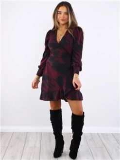 Ax Paris Burgundy / Black Printed Long Sleeve Wrap Mini Dress -Closet Muse Store 29697 2
