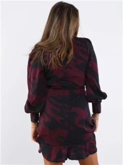 Ax Paris Burgundy / Black Printed Long Sleeve Wrap Mini Dress -Closet Muse Store 29697 3