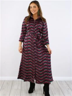 Ax Paris Purple Print Tie Waist Midi Shirt Dress -Closet Muse Store 29713 2